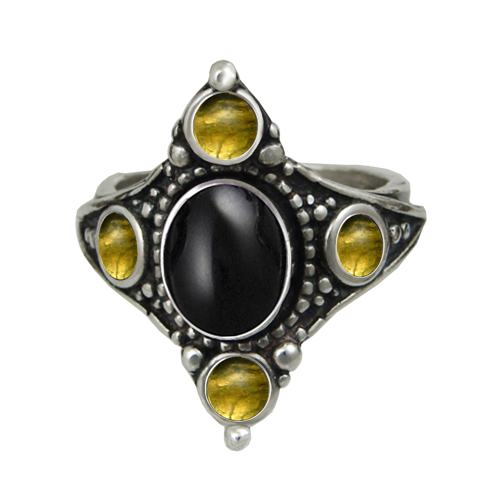 Sterling Silver Renaissance Queen's Ring With Black Onyx And Citrine Size 9